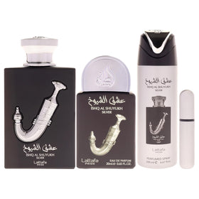 Lattafa Pride Ishq Al Shuyukh Silver gift box, complete 3-piece set for gifting occasions.