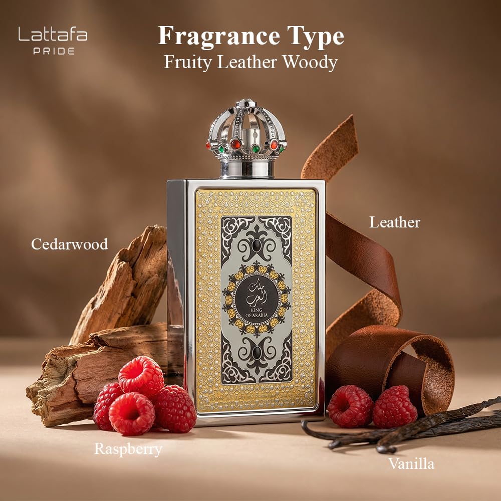 Lattafa Pride King of Arabia base notes leather and vanilla delivering warm depth.