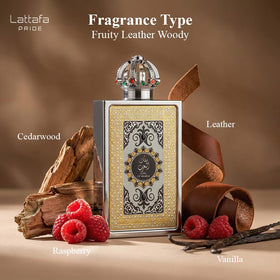 Lattafa Pride King of Arabia base notes leather and vanilla delivering warm depth.