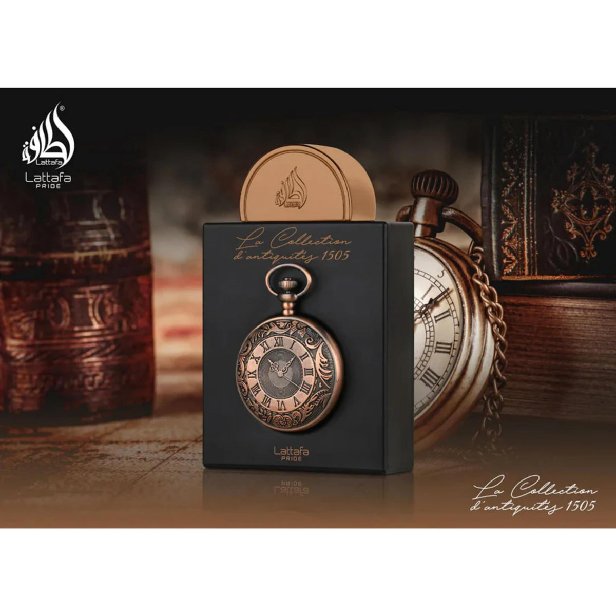 Lattafa Pride La Collection d'Antiquites 1505 bottle back, sophisticated branding ideal for gifting