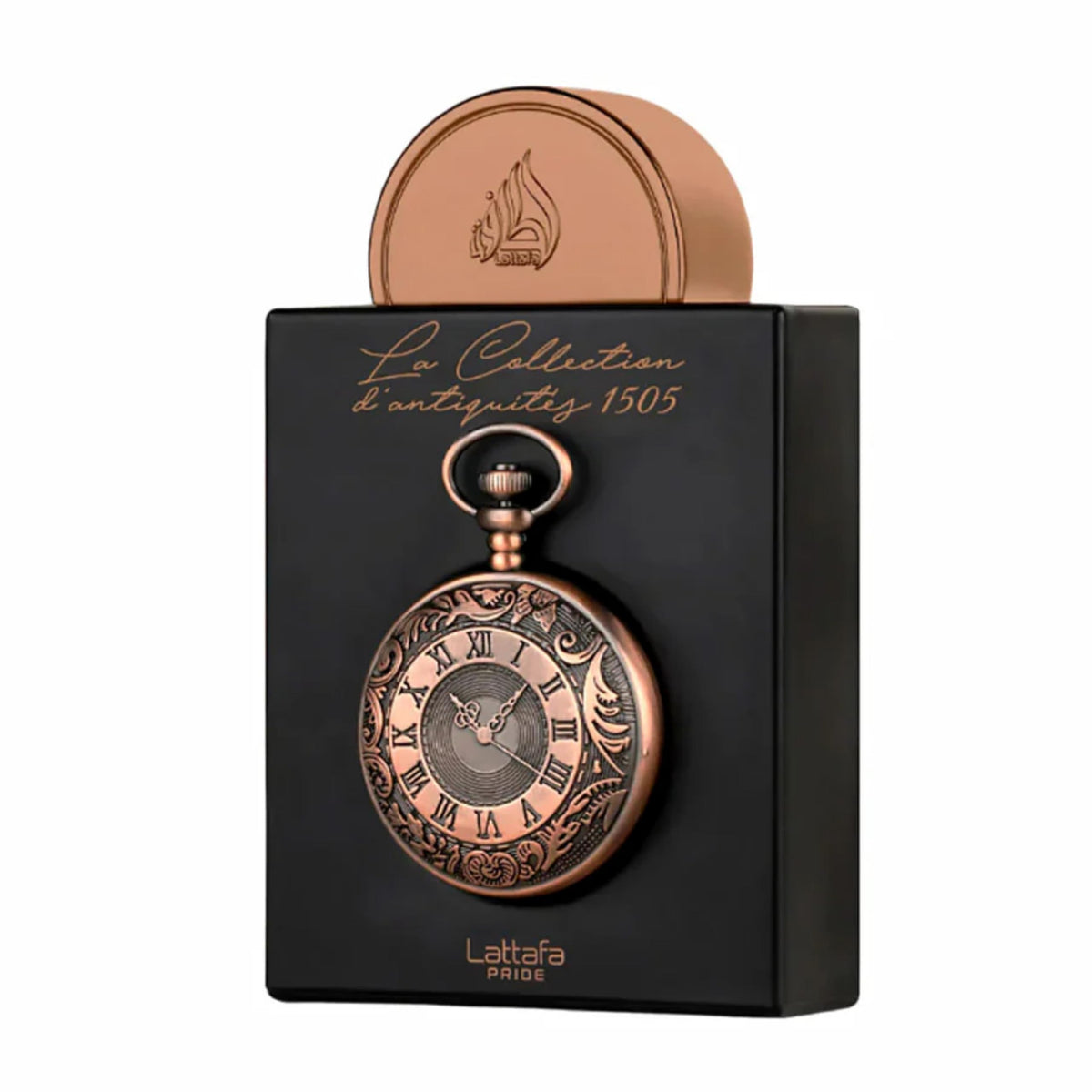 Lattafa Pride La Collection d'Antiquites 1505 bottle front, an elegant oriental fruity allure for evening wear