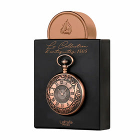 Lattafa Pride La Collection d'Antiquites 1505 bottle front, an elegant oriental fruity allure for evening wear