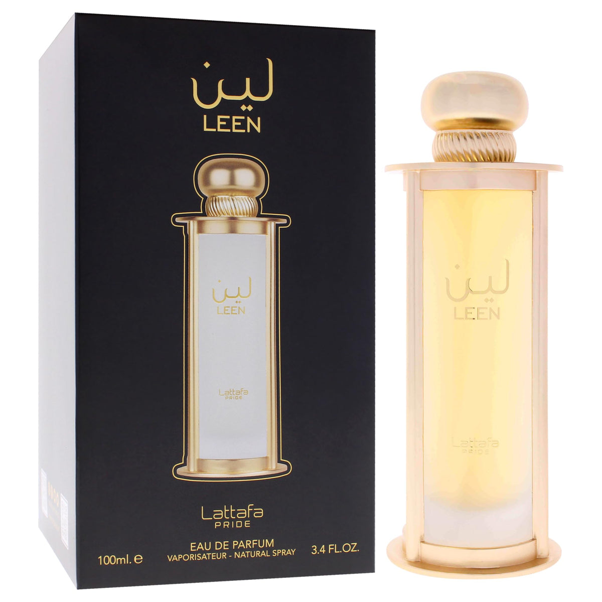 Lattafa Pride Leen spray mist shows a fine spray for lasting scent.