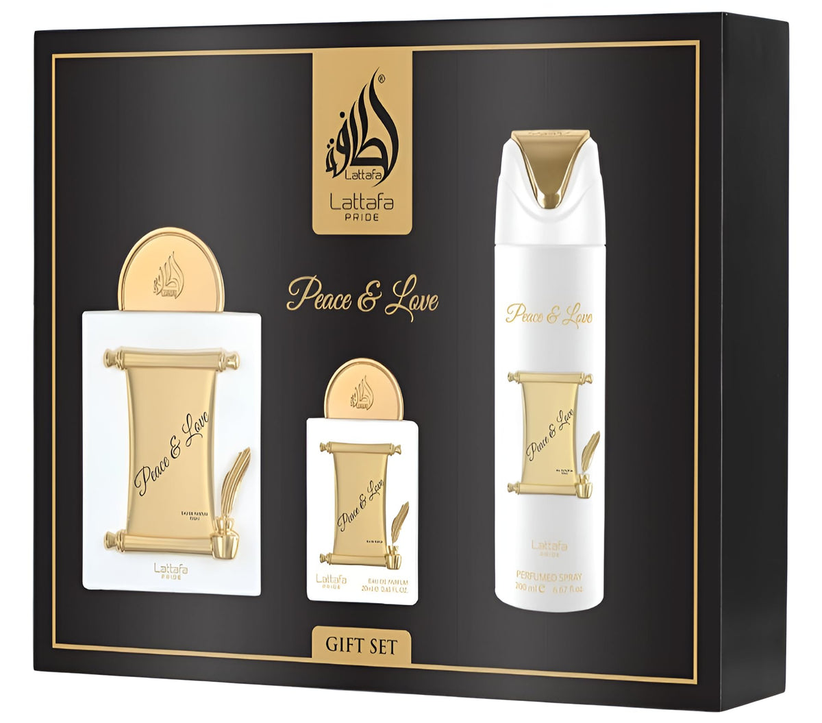 Lattafa Pride Peace & Love gift set with EDP bottles and deodorant for versatile daily wear