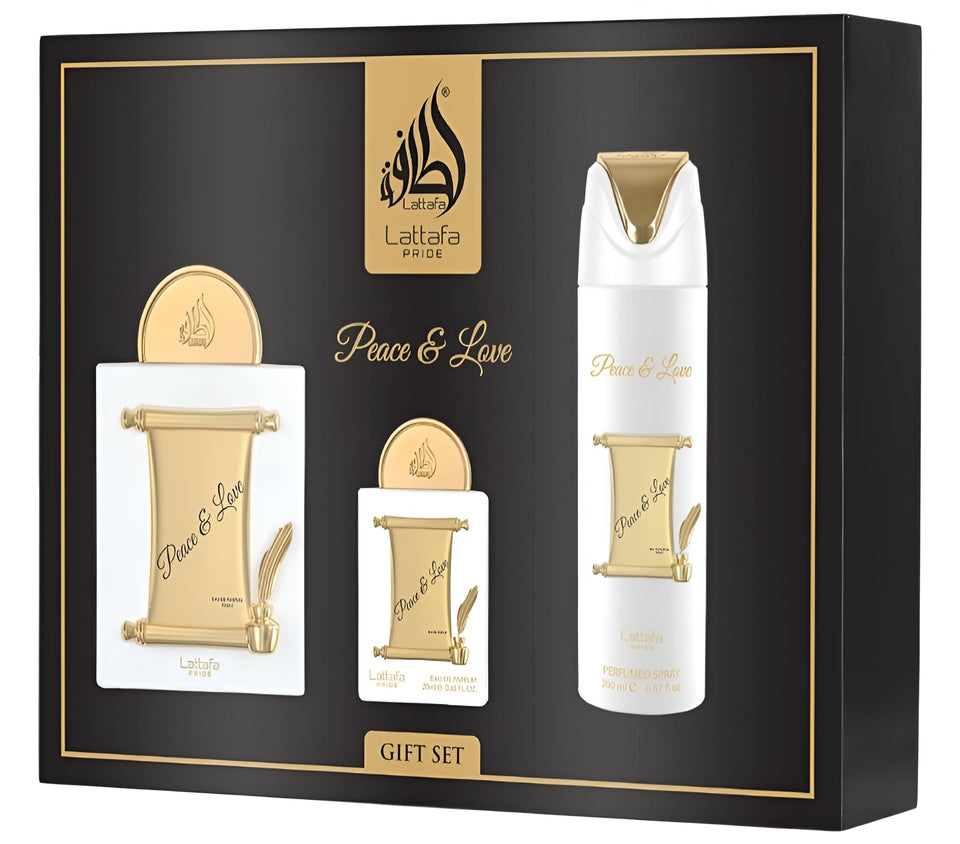 Lattafa Pride Peace & Love gift set with EDP bottles and deodorant for versatile daily wear
