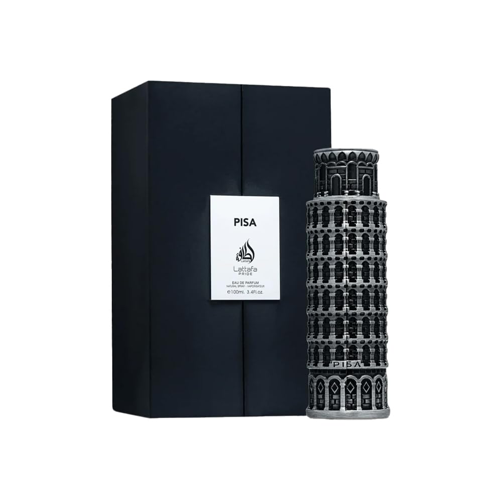 Lattafa Pride Pisa bottle side reveals refined woody notes for versatile daytime wear.