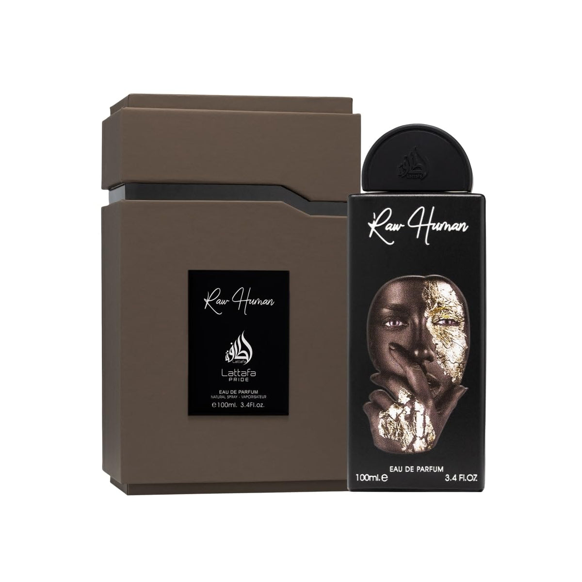Lattafa Pride Raw Human cap close-up emphasizing premium bottle design