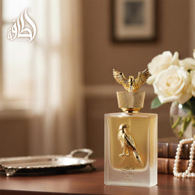 Lattafa Pride Shaheen Gold bottle back view emphasizing long lasting fragrance.