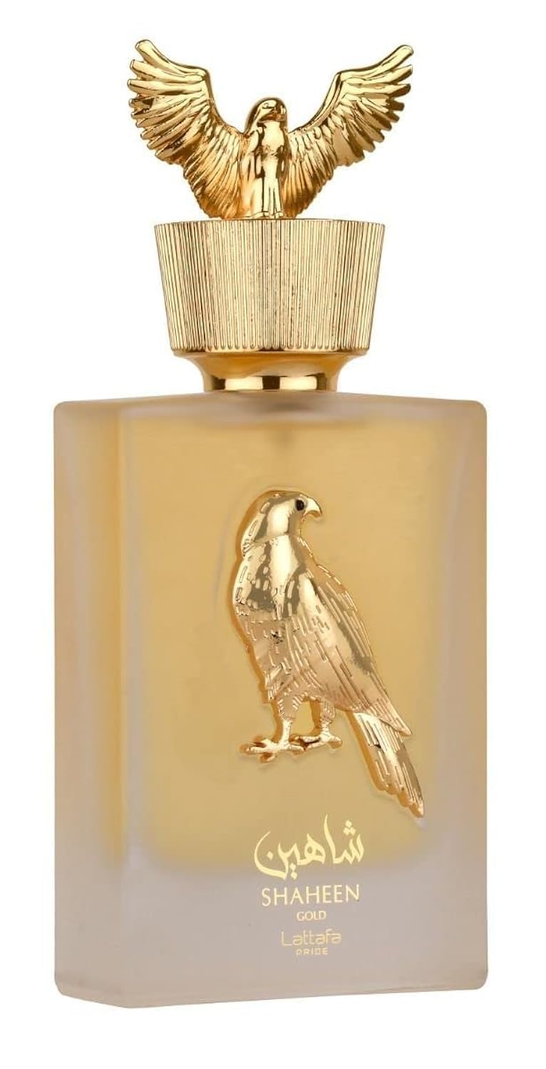 Lattafa Pride Shaheen Gold bottle front view with citrusy opening and warm floral finish.