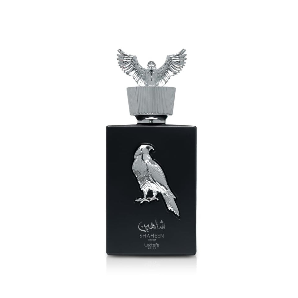 Lattafa Pride Shaheen Silver bottle-front view for all-day confidence.