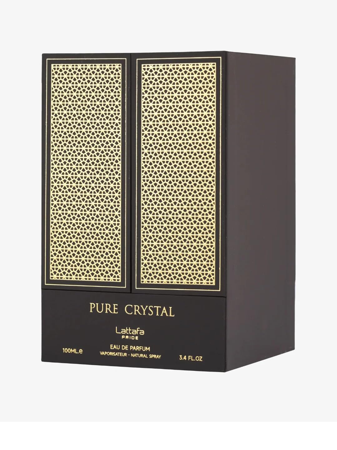 Lattafa Pure Crystal Pride base adds amber-woody depth for lasting evening scent.