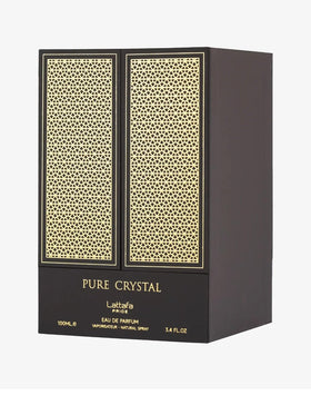 Lattafa Pure Crystal Pride base adds amber-woody depth for lasting evening scent.