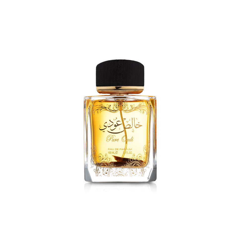 Lattafa Pure Oudi EDP spray bottle close-up for long-lasting evening wear.