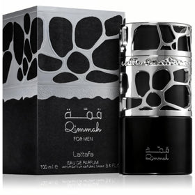 Lattafa Qimmah bottle cap close-up, highlighting premium packaging and lasting performance.
