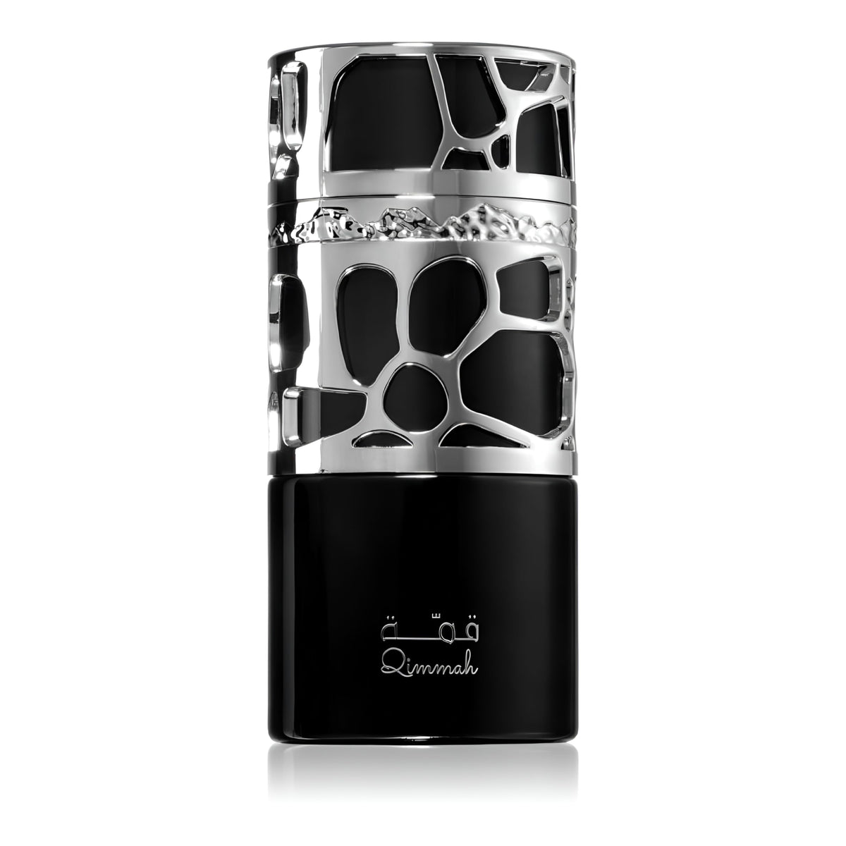 Lattafa Qimmah bottle front view, showcasing a fresh, woody scent ideal for daily wear.