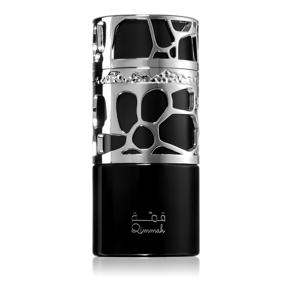 Lattafa Qimmah bottle front view, showcasing a fresh, woody scent ideal for daily wear.