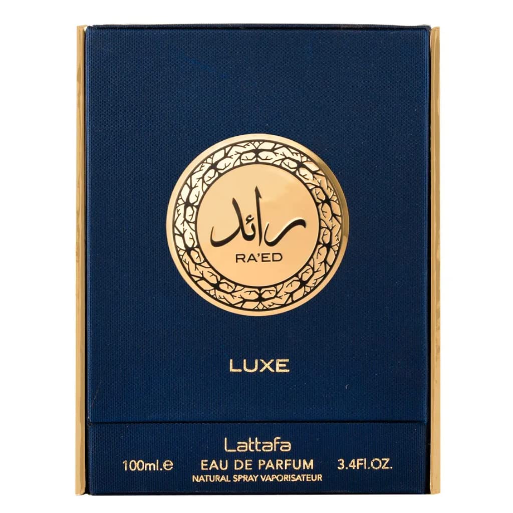 Angled Ra'ed Luxe Gold bottle emphasizes luxury design.