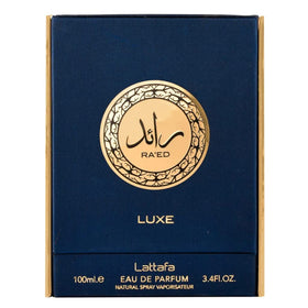 Angled Ra'ed Luxe Gold bottle emphasizes luxury design.