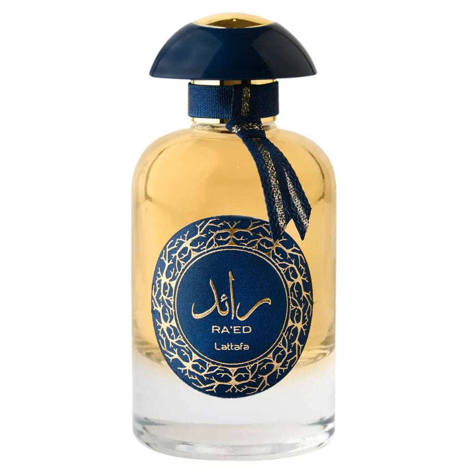 Lattafa Ra'ed Luxe Gold bottle front view with lasting scent suggested.