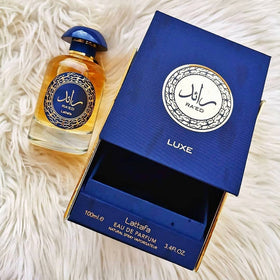Close-up of packaging detailing with blue-gold finish.