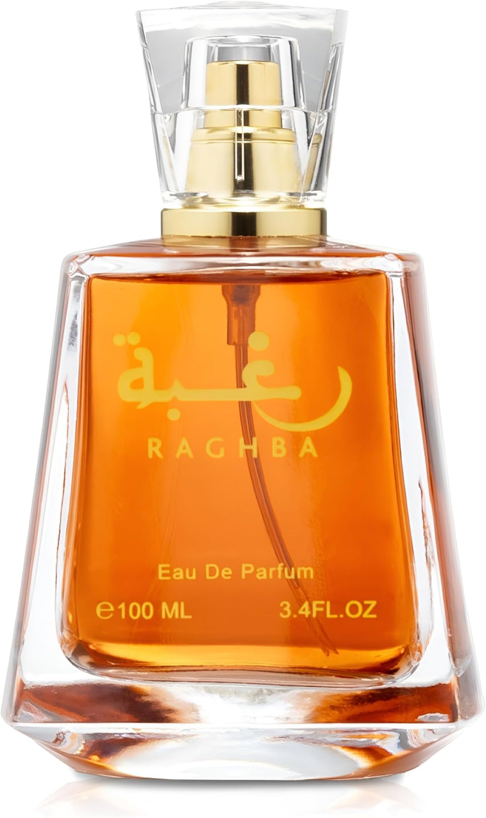 Lattafa Raghba bottle front showing amber vanilla notes for daily wear