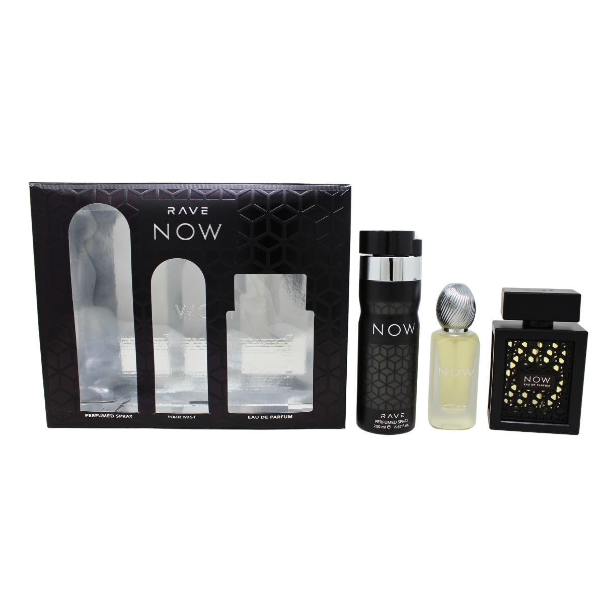 Lattafa Rave Now gift set opened revealing the fragrance trio for gifting