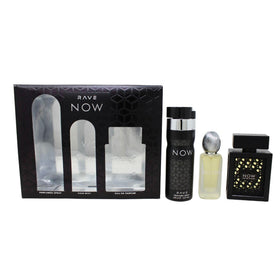 Lattafa Rave Now gift set opened revealing the fragrance trio for gifting