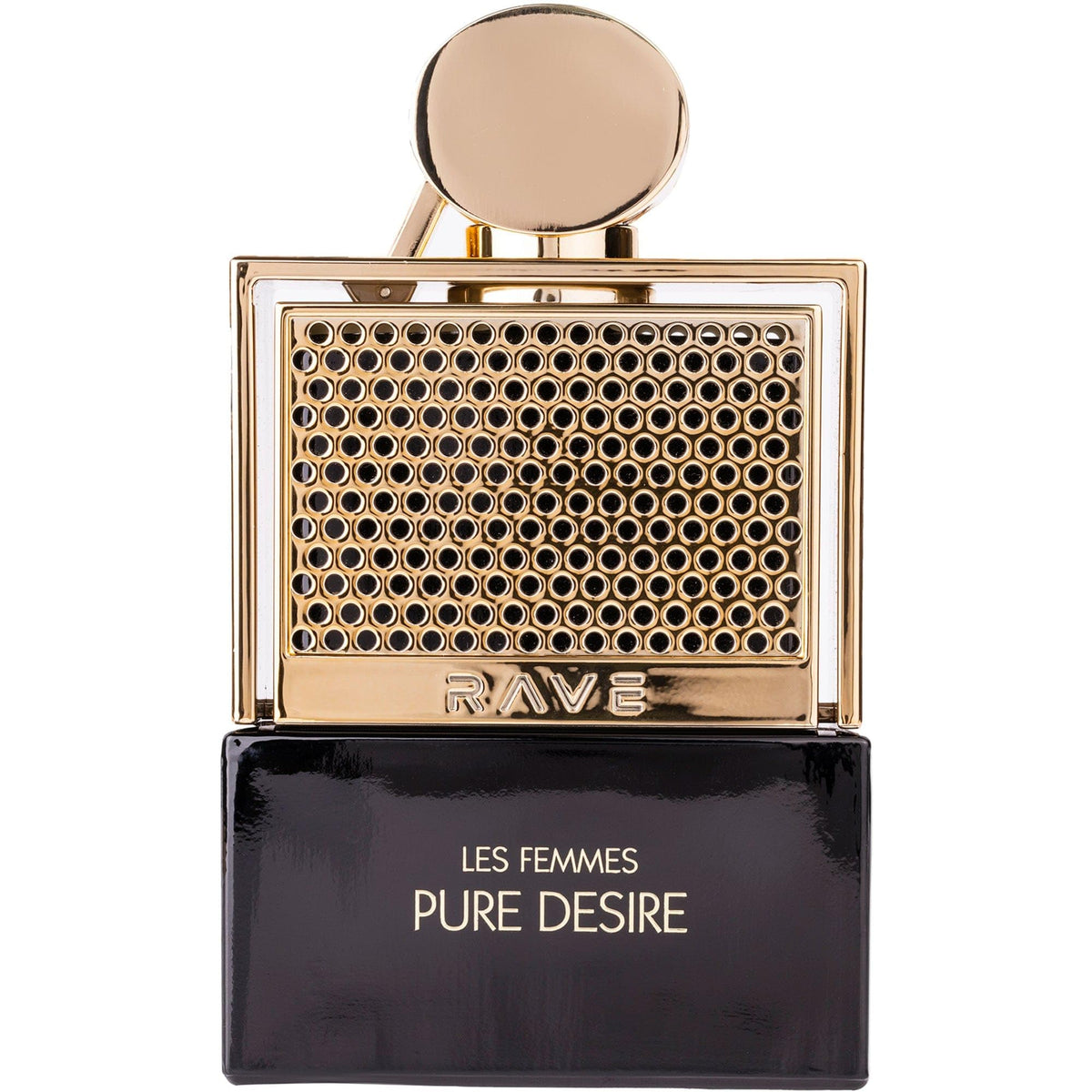Lattafa Rave Pure Desire Gold bottle with a glamorous finish for elegant evenings