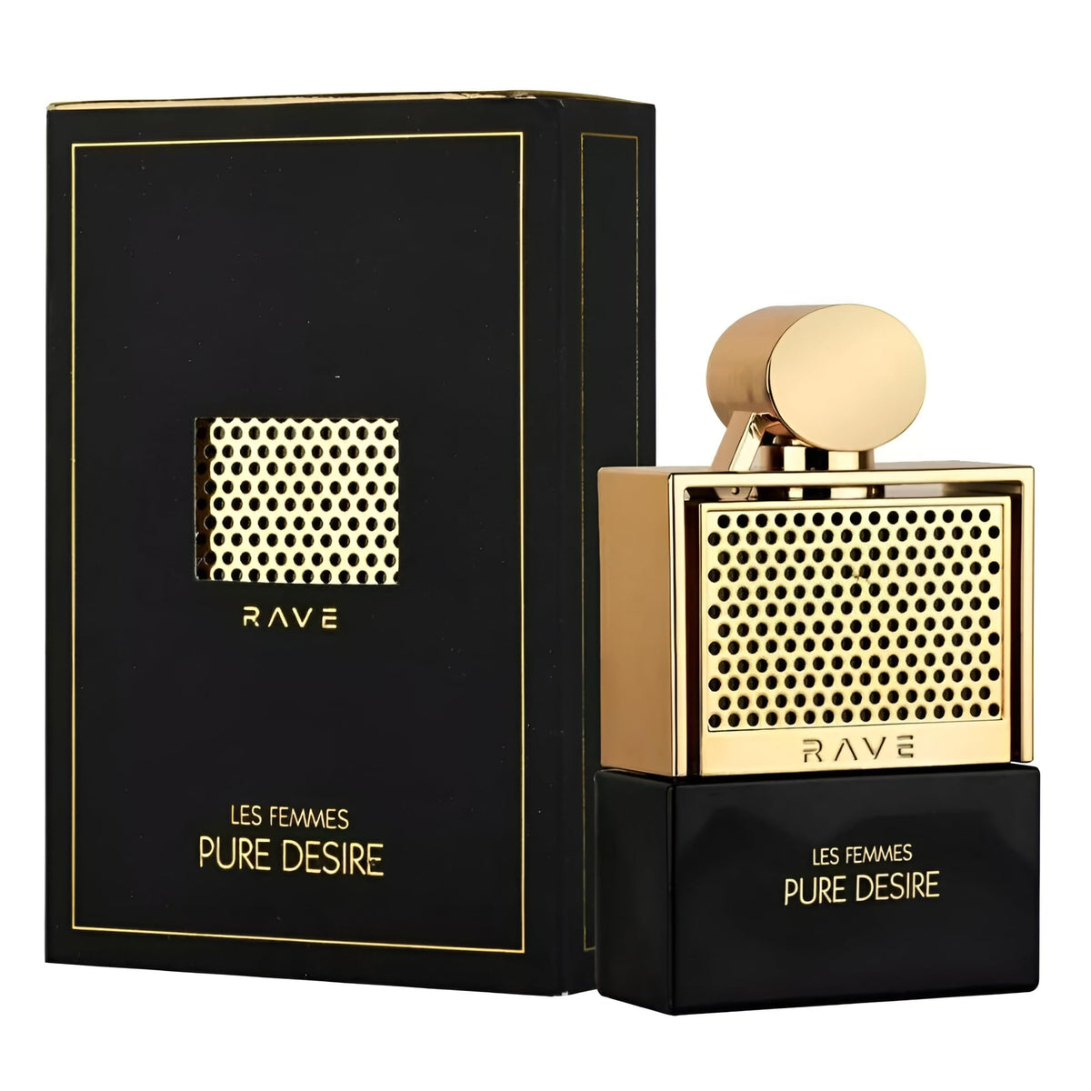 Lattafa Rave Pure Desire Gold packaging, ideal gift-ready presentation