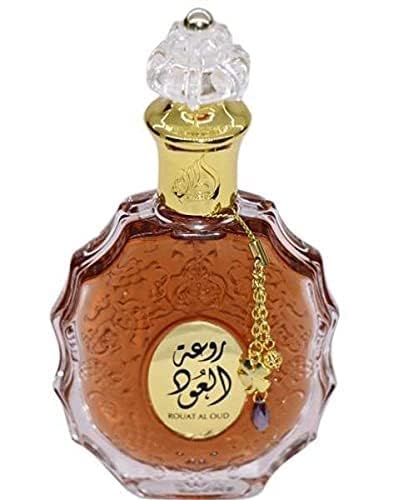 Lattafa Rouat Al Oud bottle side view highlights premium glass for elegant wear.
