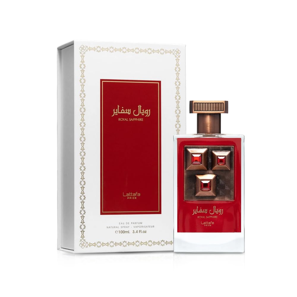 Lattafa Royal Sapphire bottle tilted to highlight elegant silhouette for everyday use