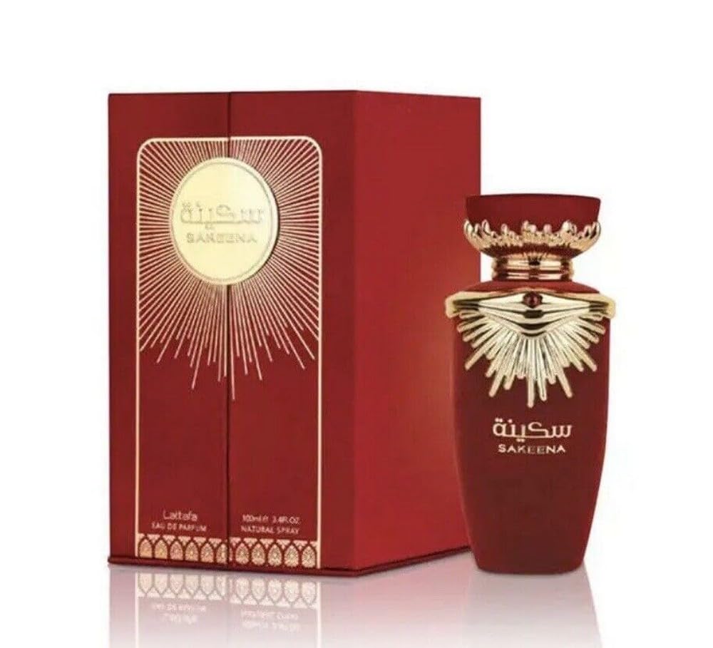 Lattafa Sakeena perfume bottle close-up highlighting citrus-floral blend for versatile daily wear.