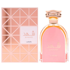 Lattafa Shahd pink glass bottle shown, a versatile unisex fragrance for all season wear.