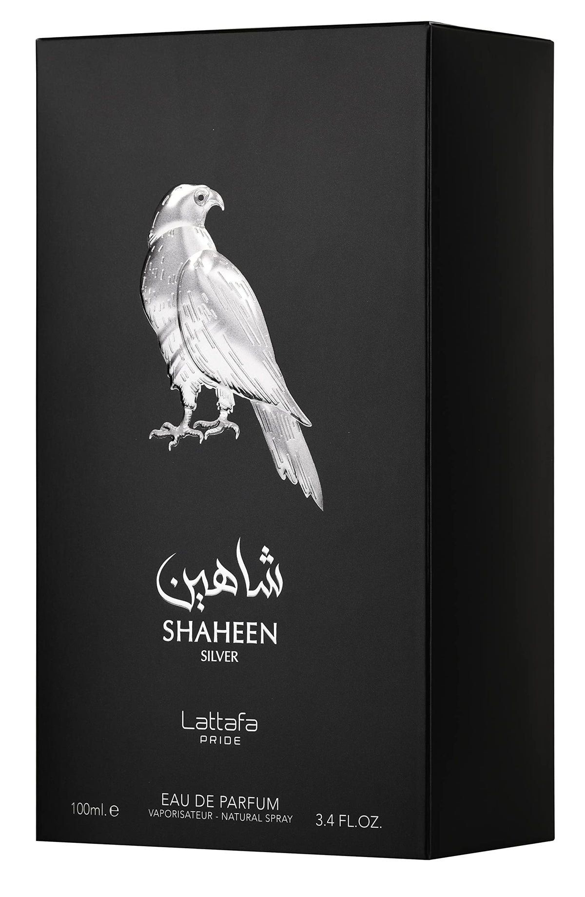 Lattafa Shaheen Silver bottle closeup cap, easy grip and premium feel for gifting.