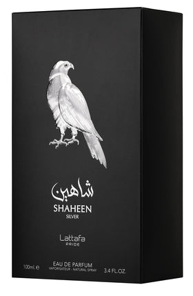Lattafa Shaheen Silver bottle closeup cap, easy grip and premium feel for gifting.