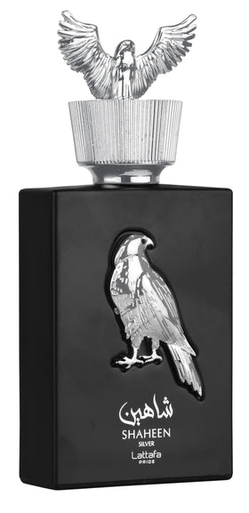 Lattafa Shaheen Silver bottle front view, versatile unisex fragrance for daily wear.