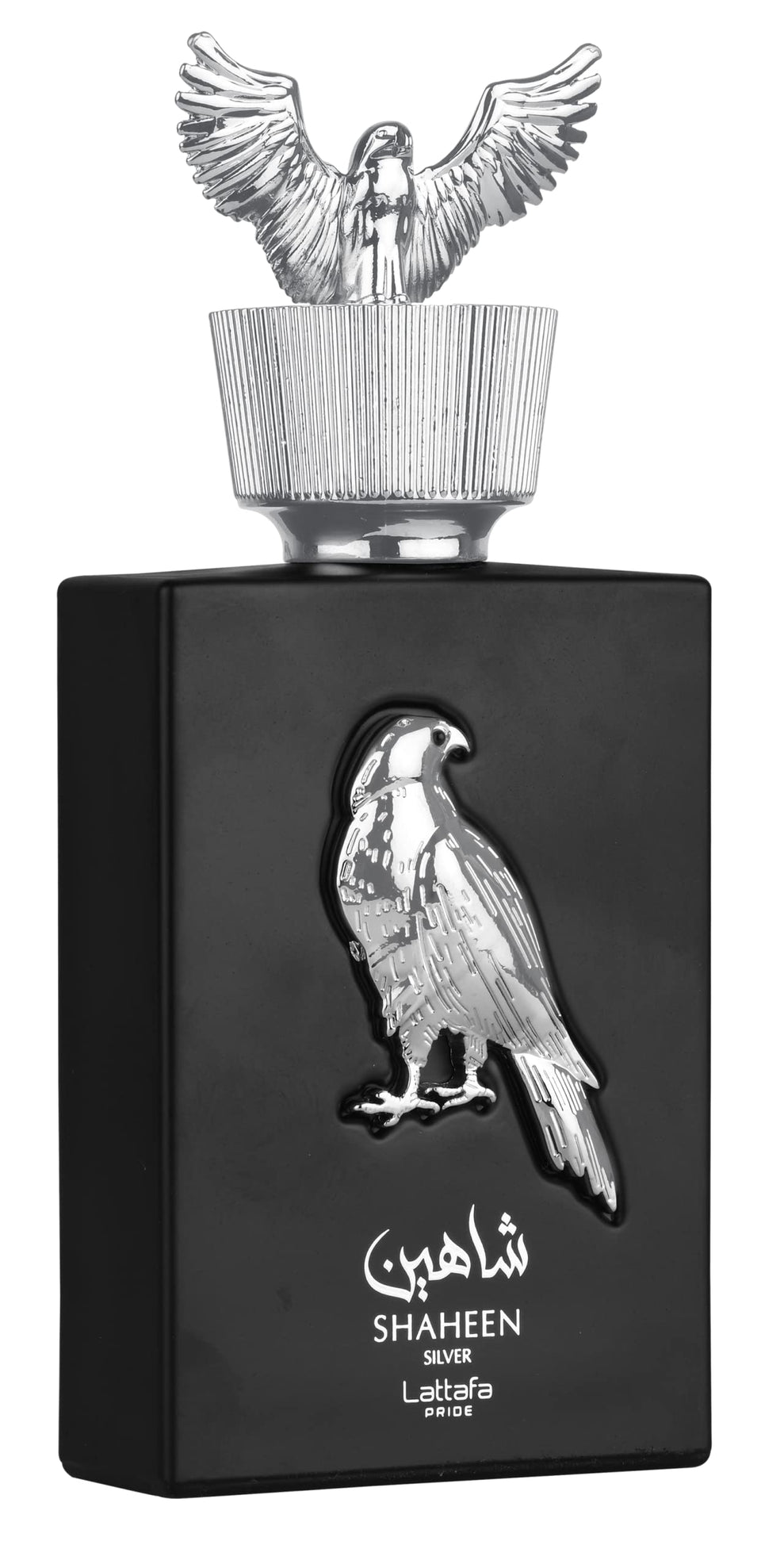 Lattafa Shaheen Silver bottle front view, versatile unisex fragrance for daily wear.