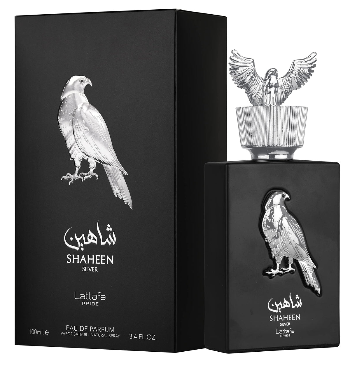 Lattafa Shaheen Silver packaging box, elegant presentation ideal for gifting occasions.