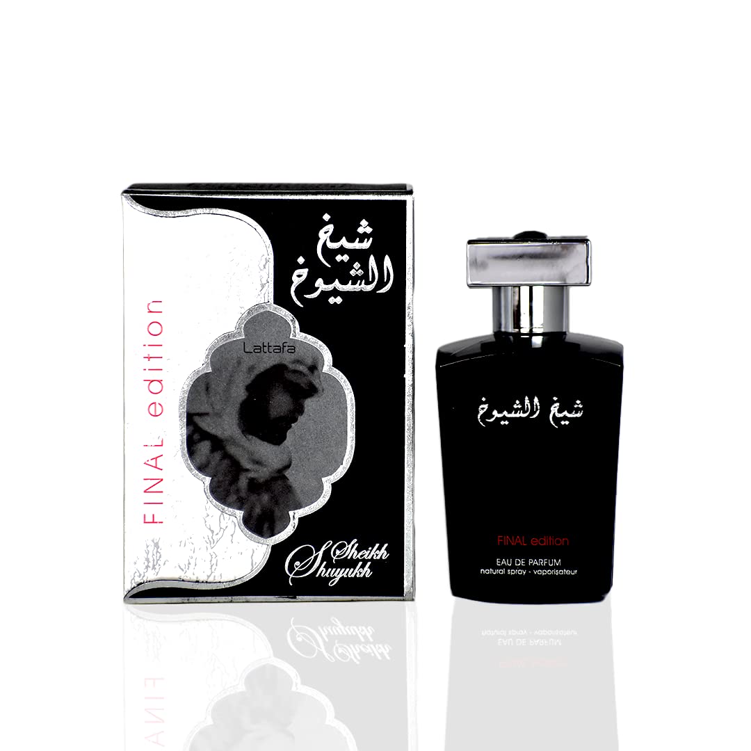 Lattafa Sheikh Al Shuyukh Final Edition bottle on shelf showcases premium leather fragrance