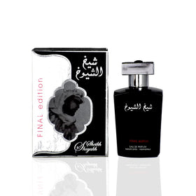 Lattafa Sheikh Al Shuyukh Final Edition bottle on shelf showcases premium leather fragrance
