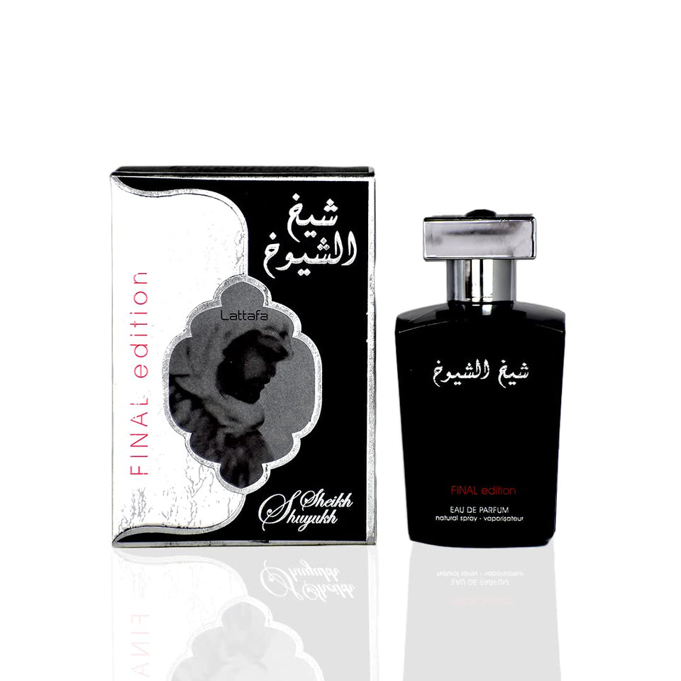 Lattafa Sheikh Al Shuyukh Final Edition bottle on shelf showcases premium leather fragrance
