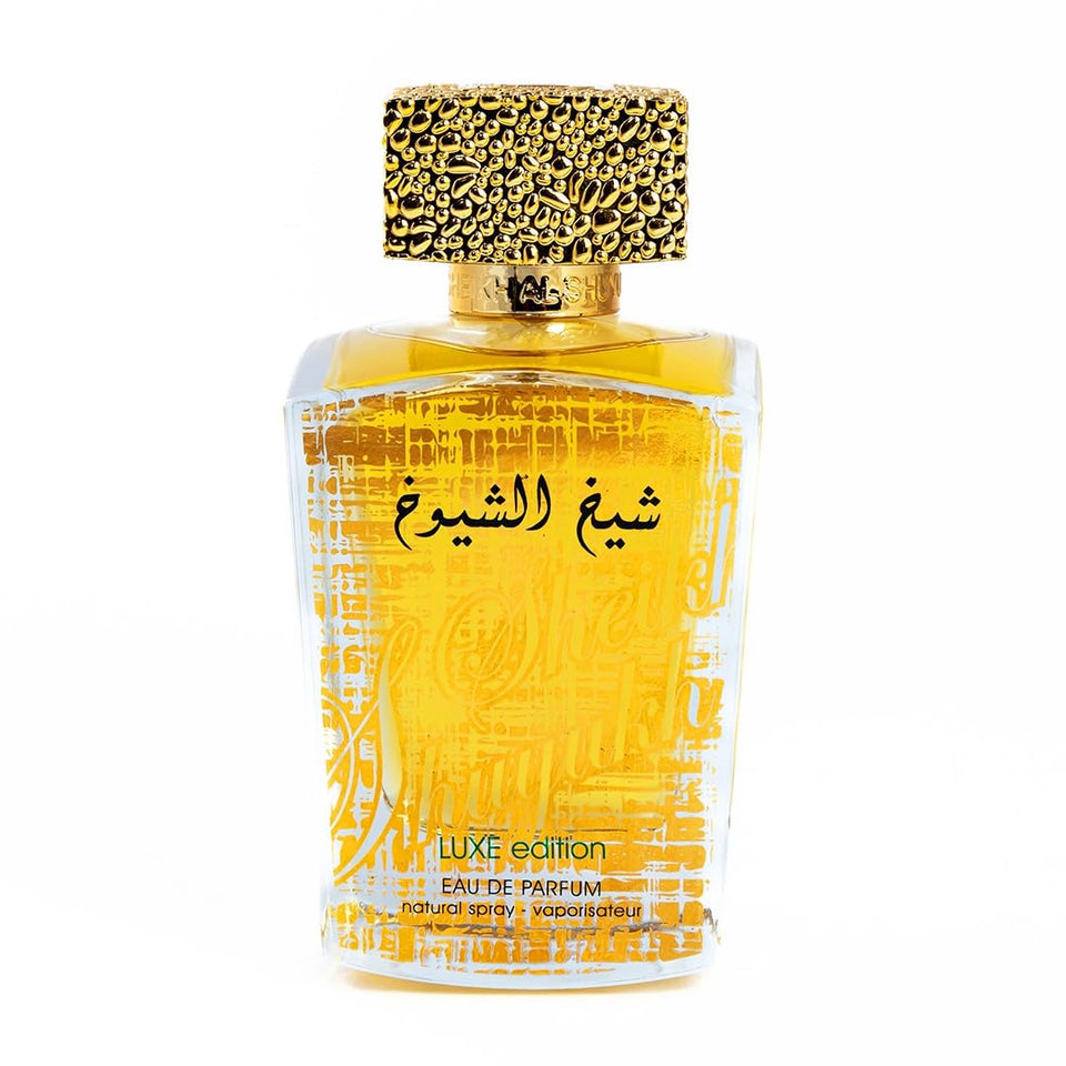 Lattafa Sheikh Al Shuyukh Luxe Edition bottle boosts all-day confidence with amber-spicy notes.