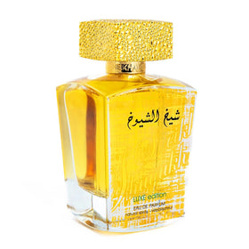 Lattafa Sheikh Al Shuyukh Luxe Edition gold-cap focal point conveys premium presence for special occasions.