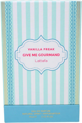 Lattafa Vanilla Freak 75ml bottle packaging signals long-lasting scent and value.