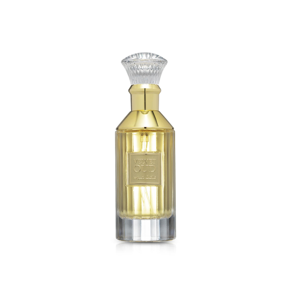 Lattafa Velvet Oud bottle front, luxurious amber-woody silhouette for evening occasions