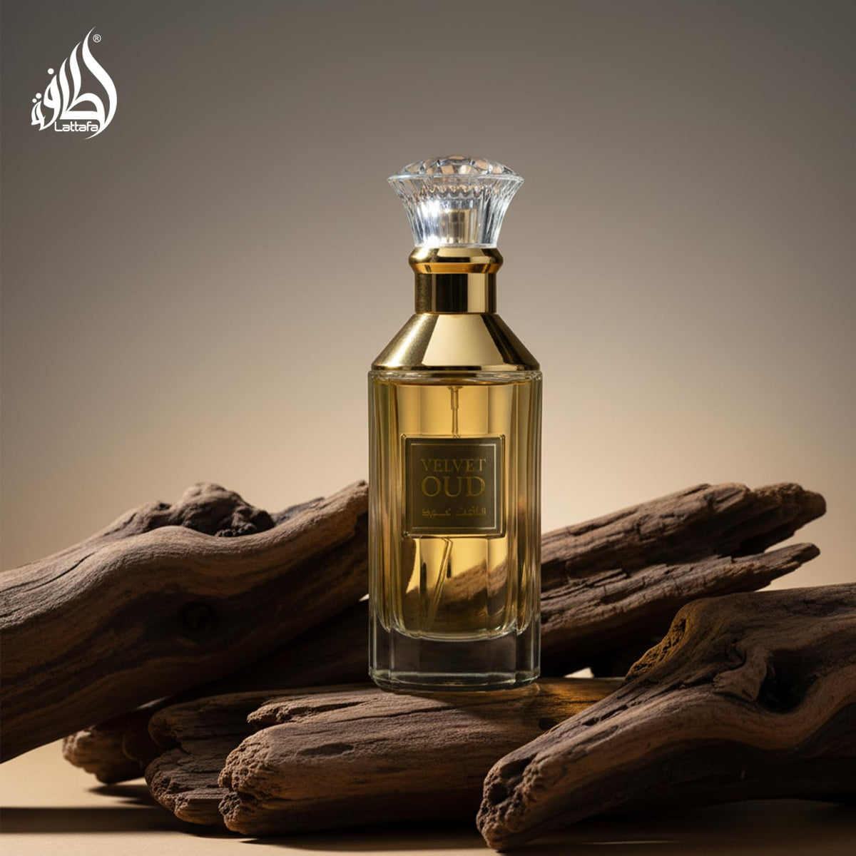 Lattafa Velvet Oud bottle on shelf, easy to spot in a fragrance collection