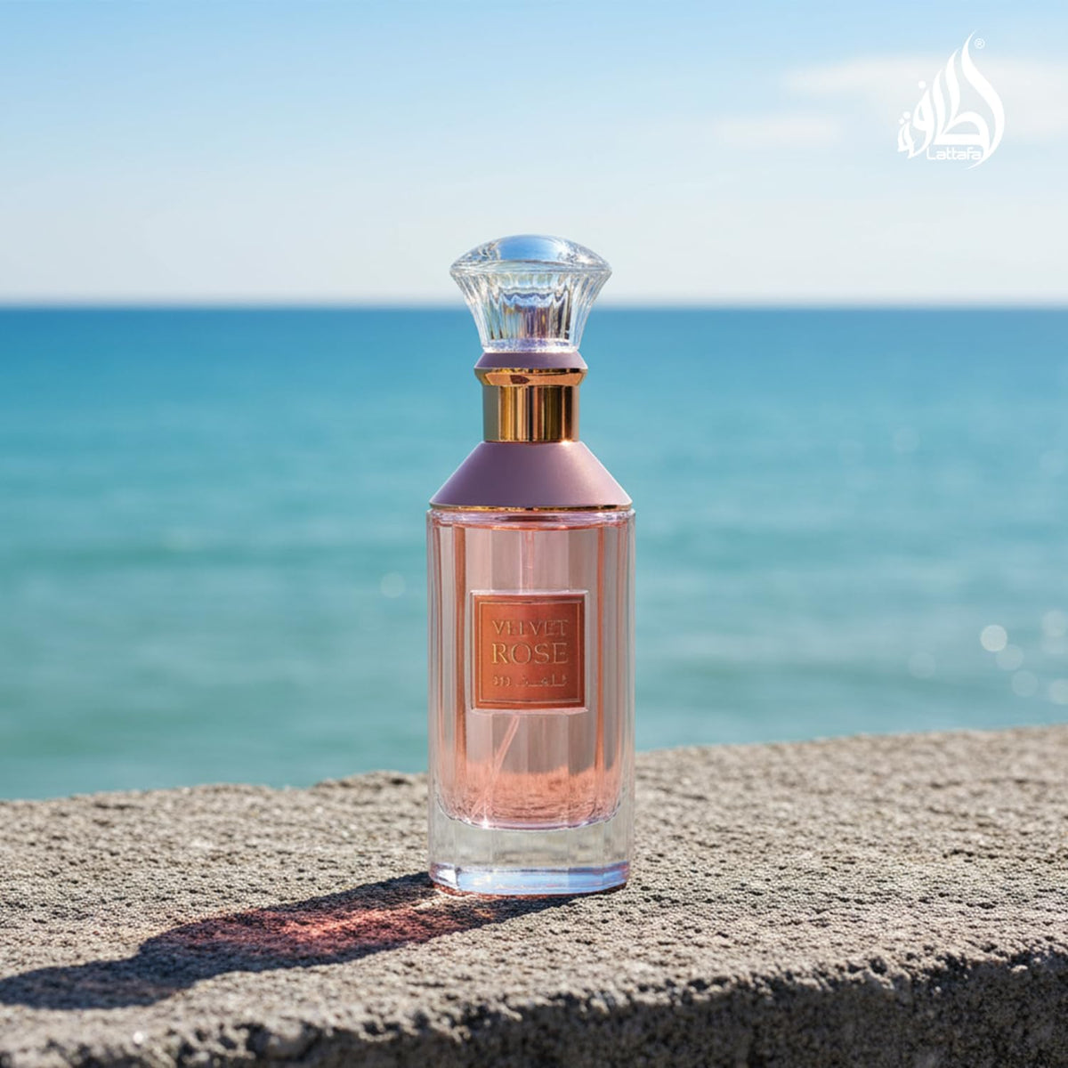 Lattafa Velvet Rose bottle in hand, ready-to-wear look for daily use.
