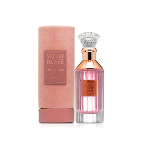 Lattafa Velvet Rose bottle side view, sleek packaging for gifting.