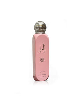 Lattafa Yara All Over Spray bottle offers a versatile daily refresh for body, hair, and clothes