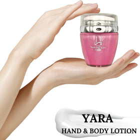 Lattafa YARA compact 45ml bottle ideal for travel and purse-friendly moisturization.